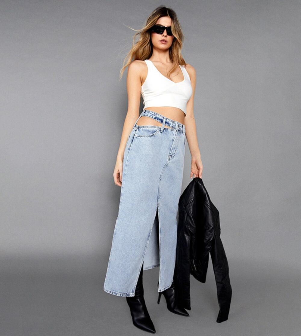 Nasty Gal Cut Out Side Split Front Denim Maxi Skirt